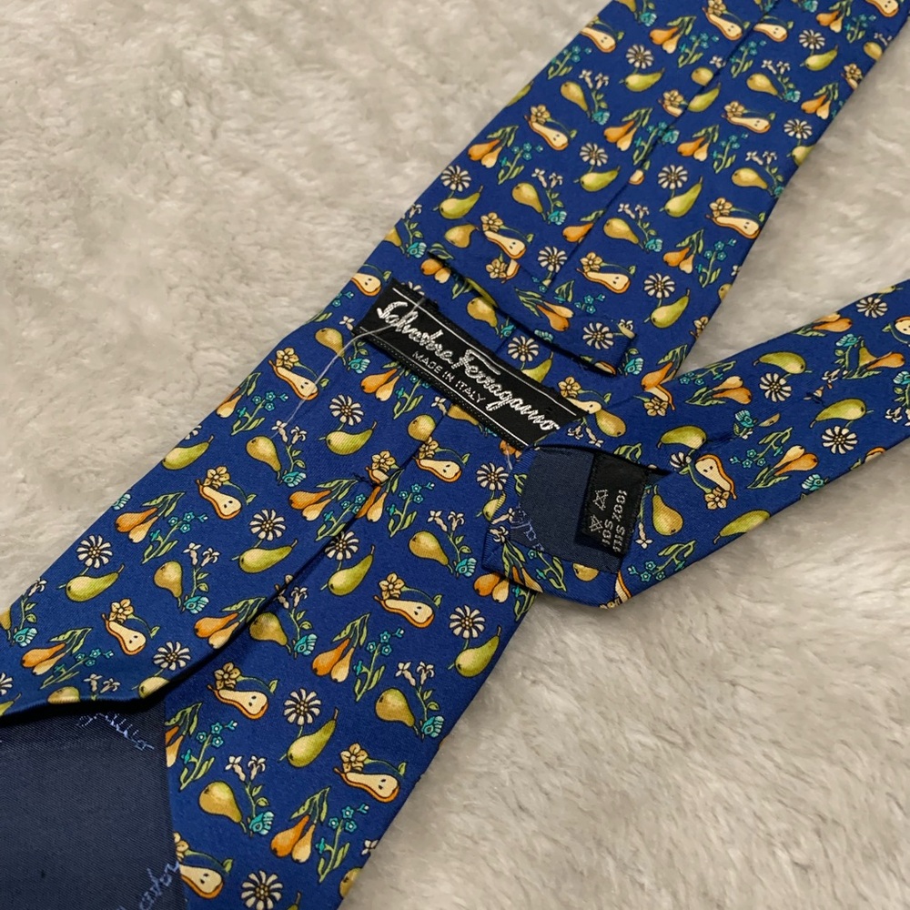 Salvatore Ferragamo Mens Silk Neck‎ Tie Pear Fruit Print Blue - Picture 5 of 5